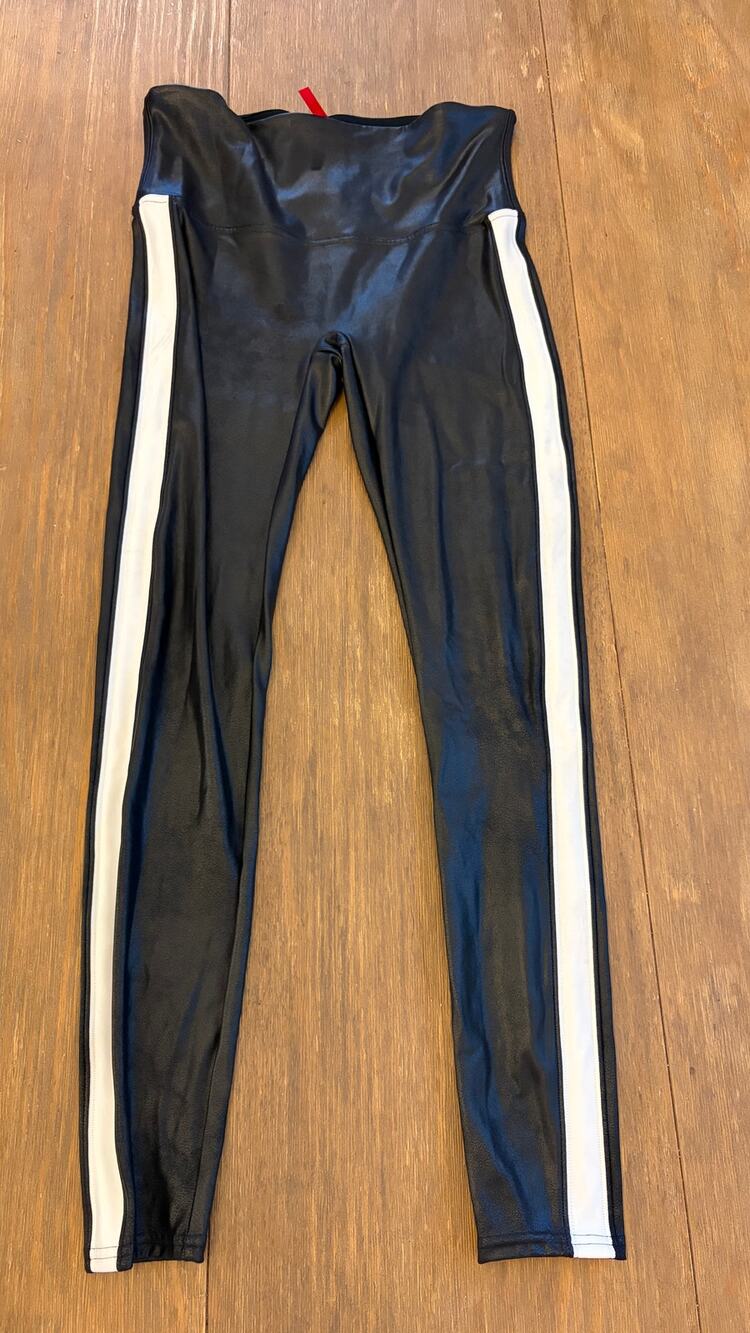 Spanx Women’s Large Black Faux Leather Side Stripe Leggings White High Rise